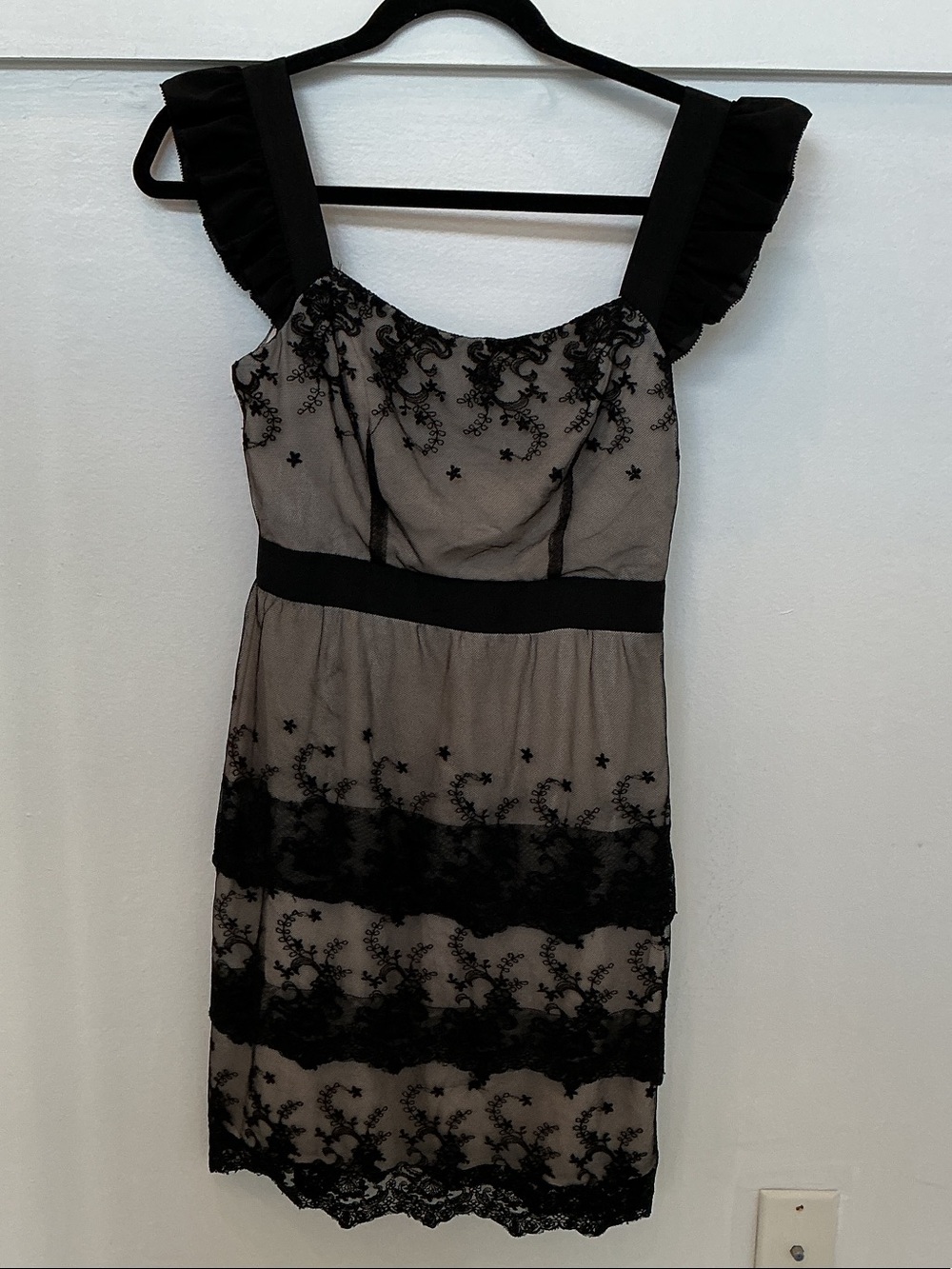 Minuet Petite Black Lace Overlay Dress with Nude Slip